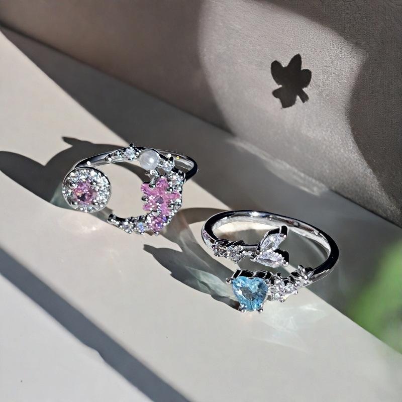 Niche Design Blue Love Zircon Fishtail Open Ring Light Luxury High Sense Pink Star Crescent Ring Woman