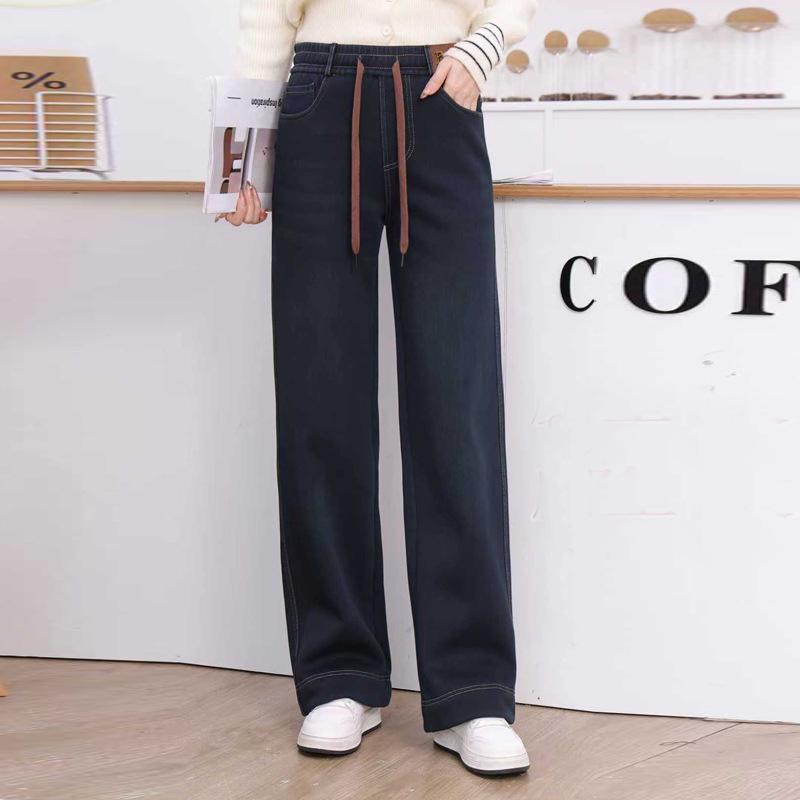2025 Winter Washed Soft Denim Wide-Leg Women s Plus Size Velvet-Lined Straight Pants 5XL