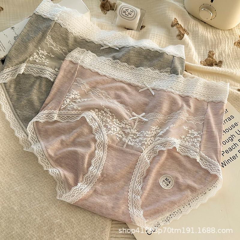 Plus Size Women's Lace Edge Girly Comfort Bag Hip High Elastic Skin Touch Midwaist Antibacterial Crotch Triangle Briefs
