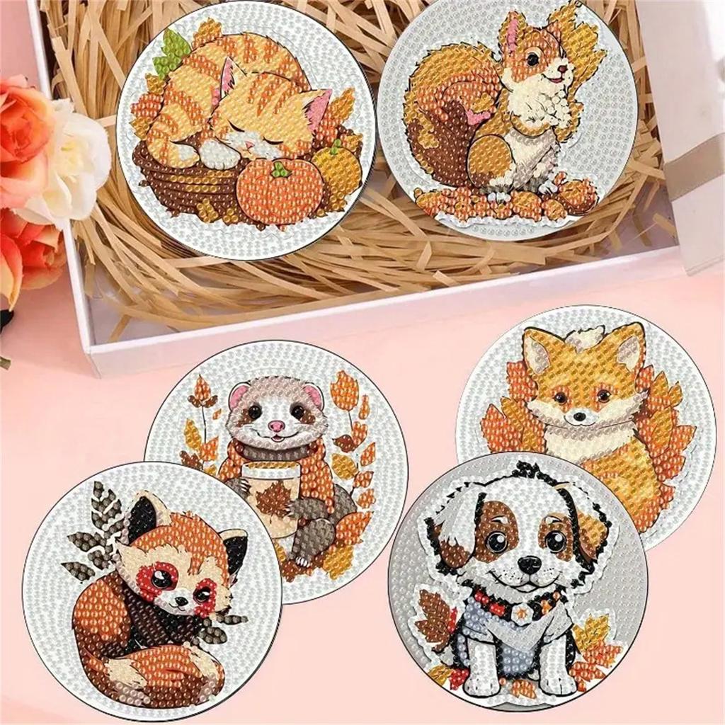 8 Pieces/set of Diamond Painted Animal Patterned Coasters, DIY Coasters with Holder, Suitable for Beginners and Adults, Art and Craft Supplies Gifts