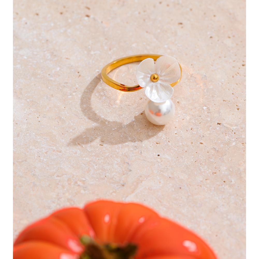 Eetit Imitation Pearls Resin Flower Adjustable Ring Golden PVD Plated Stainless Steel Chic Jewelry Korean Accessories Wholesale