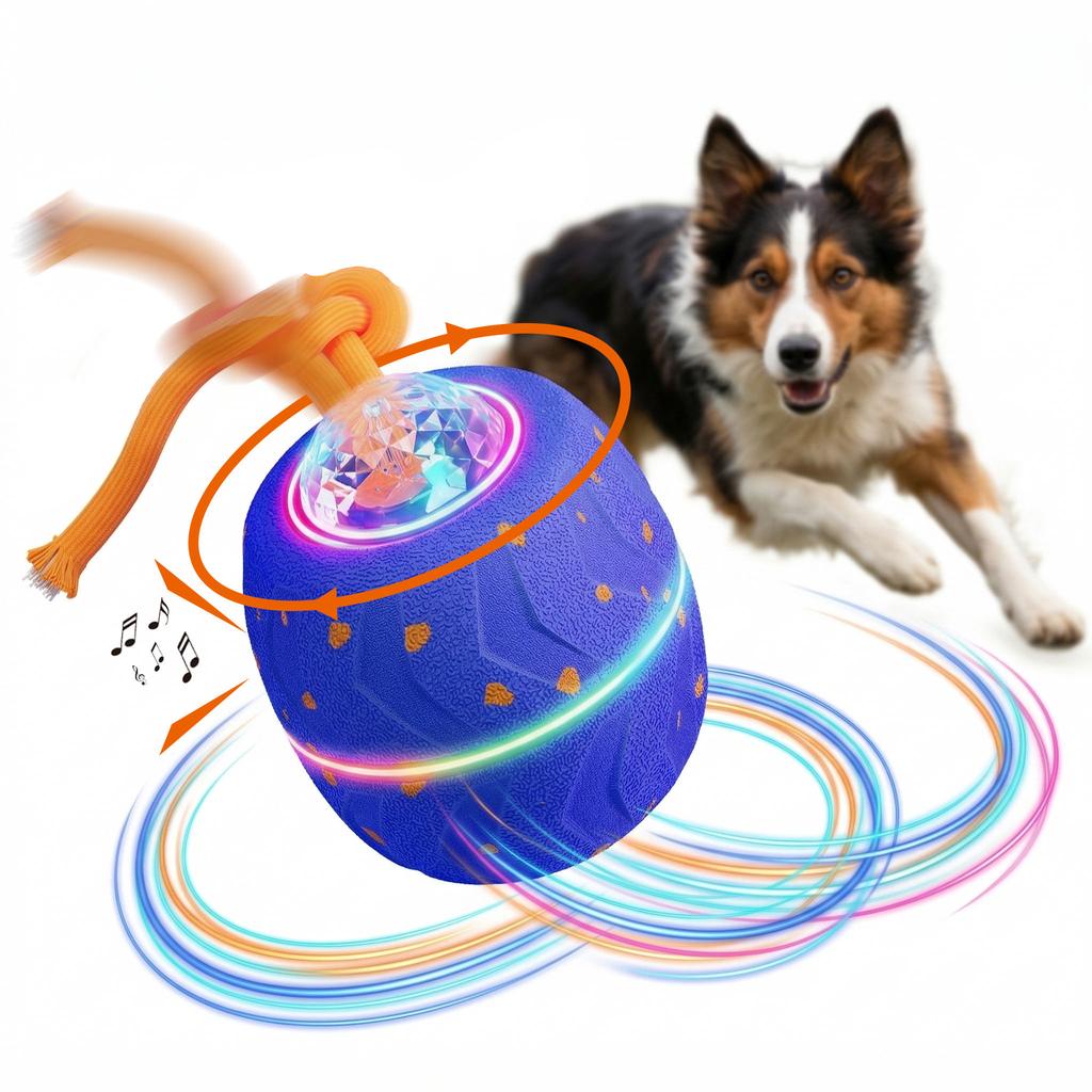 E-TPU Material Pet Interactive Toy Balls with Rope & Barks Sound Active Rolling Interactive Dog Ball with Lights for Dogs