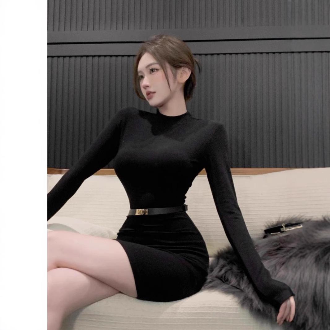 

Черное пикантное платье для девочки в стиле «чистое желание» с длинным рукавом, облегающее фигуру, мини-юбка - Женский осенне-зимний новый стиль L