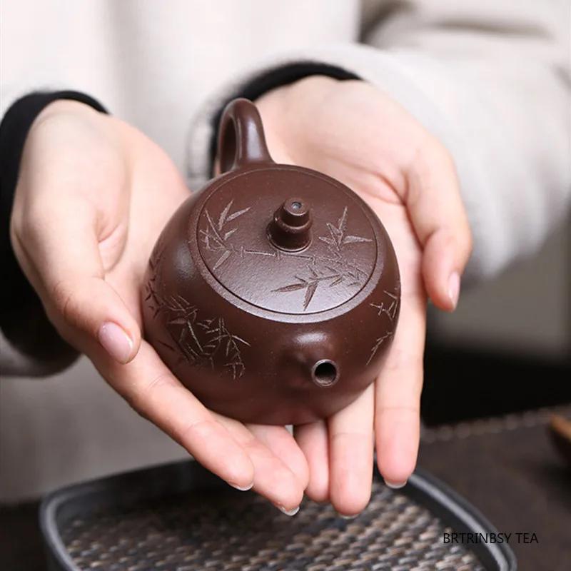 Chinesische Tradition Yixing Lila Ton Teekanne Handgemacht Bambusblatt Teekanne Schöner Tee-Infuser Zisha Kessel Haushalts-Teegeschirr 140ml