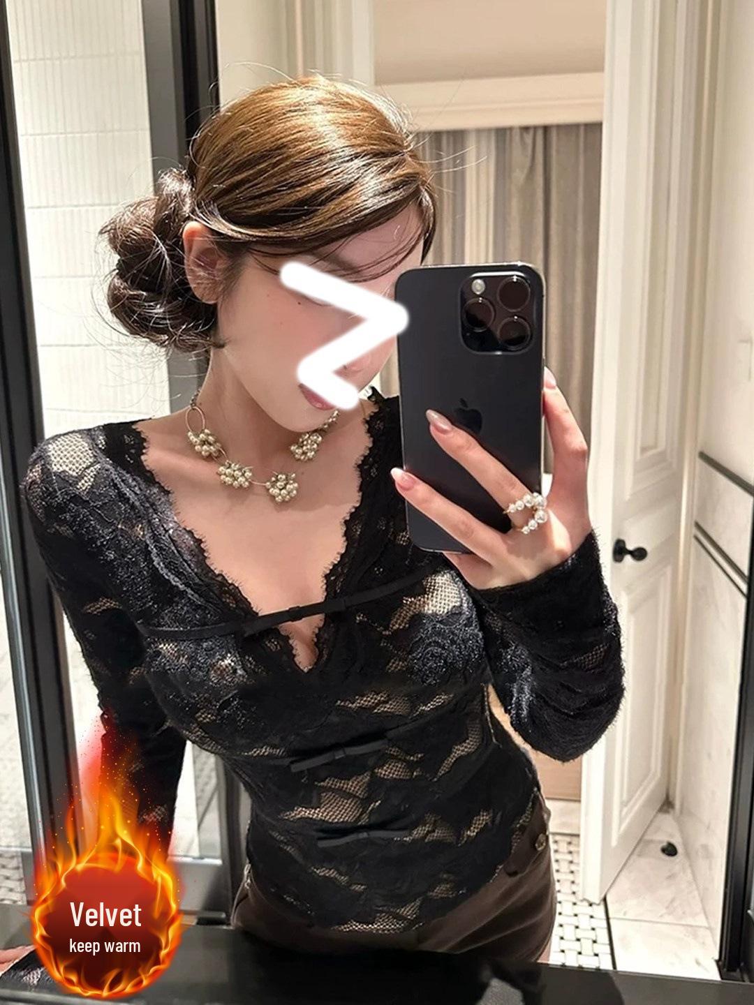 Elegant Lace Bow V-Neck Plus Velvet Long Sleeve T-Shirt for Autumn/Winter M
