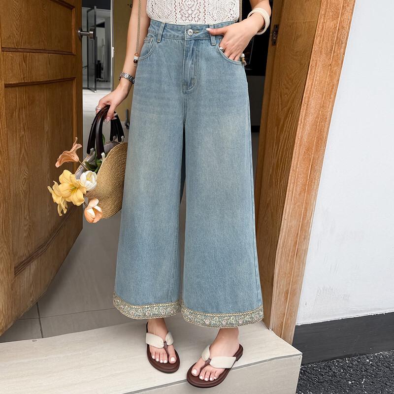 Retro High-Waisted Denim Wide-Leg Jeans with Pearl Embroidery XL синий