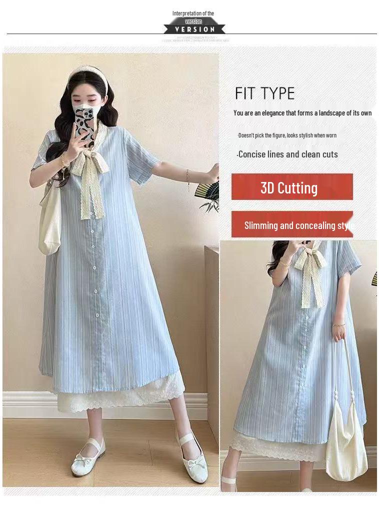 2026 Summer Korean-Style Maternity Dress: Single-Breasted, Lace Patchwork, Bowknot Design, Faux Two-Piece