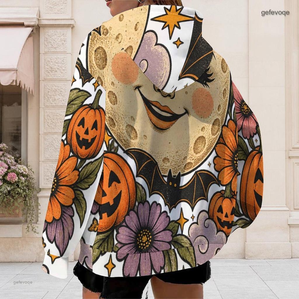 Women Plus Size Zip Up Hoodie Long Sleeve Drawstring Hood Pockets Halloween Printed Sweatshirt
