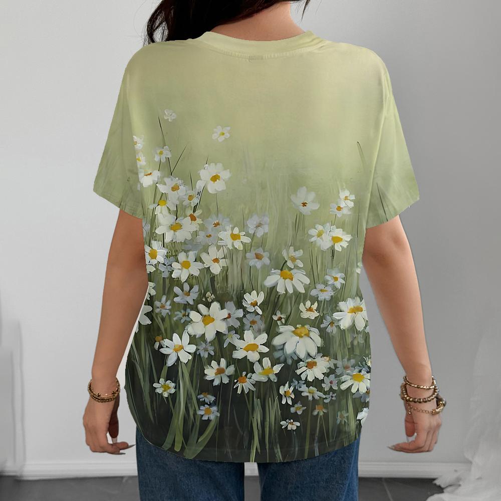 Frischer und Natürlicher Stil Damen T-Shirt Gänseblümchen Blume Meer Druck Täglich Vielseitiges Kurzarm Oberteil