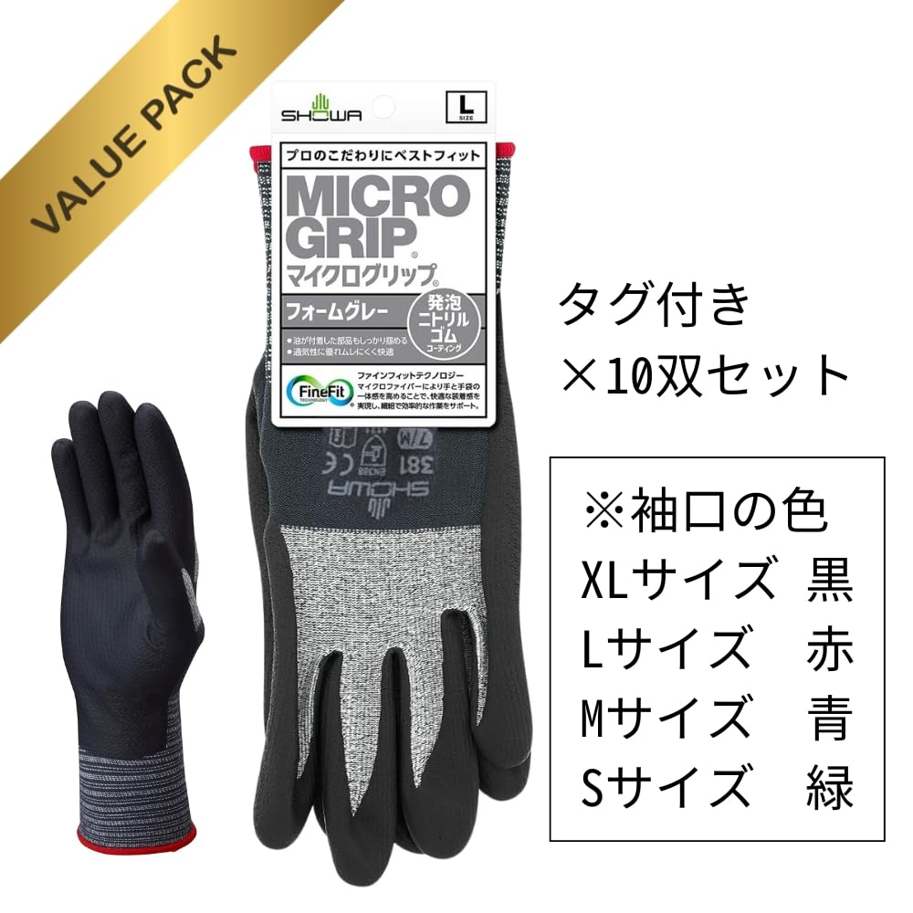 Showa Glove MicroGrip 381 Work Gray Set Gloves, Backless, (with Tags), 10-pair (Size M)