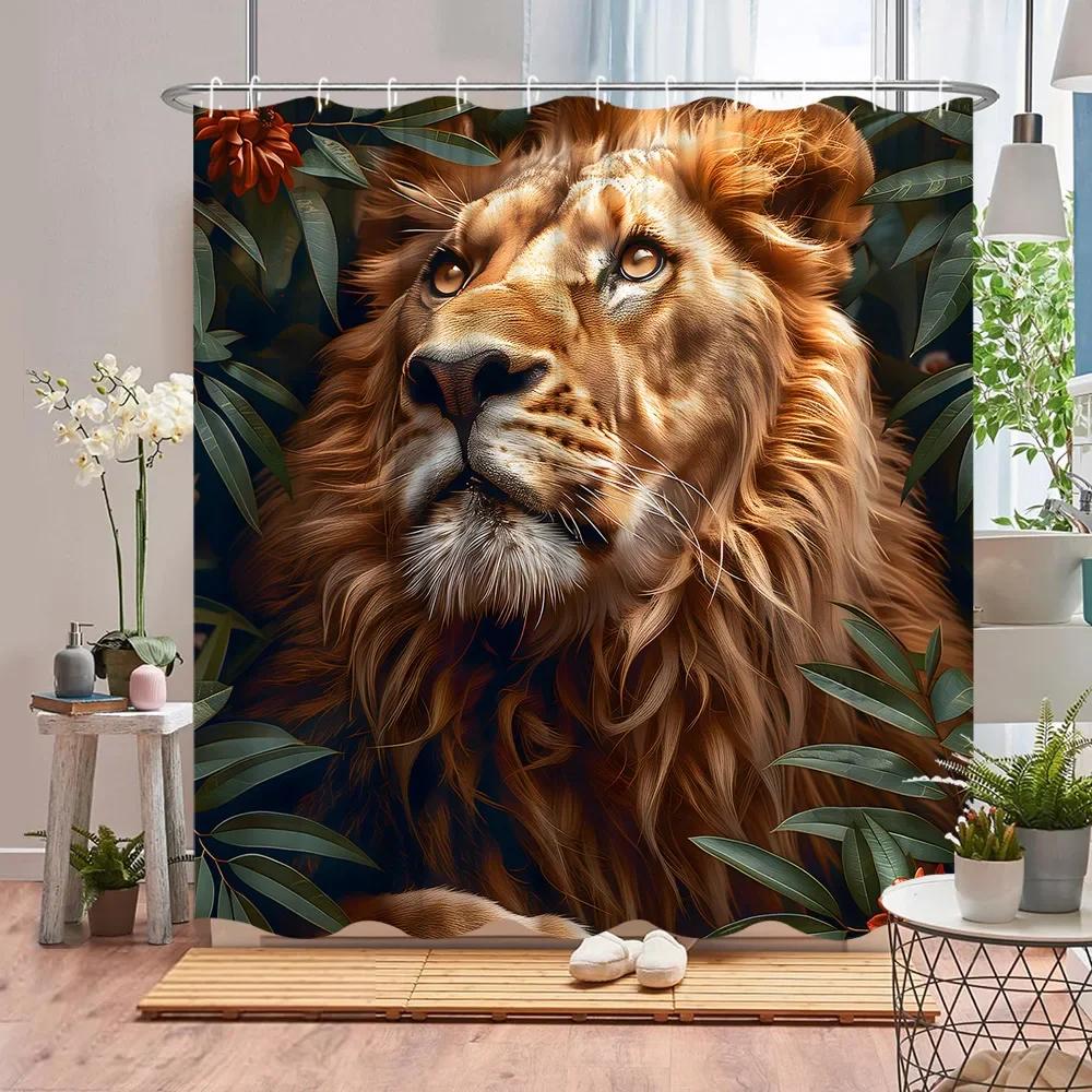 Wildtier Duschvorhang Blume Pflanze Löwe Kuh Tiger Dschungel Szenerie Cartoon Bauernhof Zuhause Polyester Stoff Badezimmer Dekor Vorhang Set