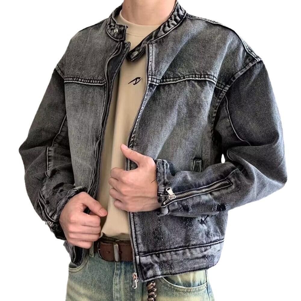 Men's Retro Stand Collar Denim Jacket - Japanese Style Washed Design for Couples, Trendy Spring and Autumn Wear.