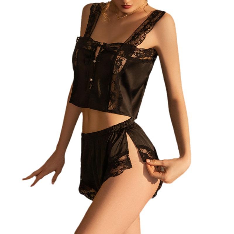 Women's Silky Satin Lace Trim Pajama Set - Camisole and Shorts