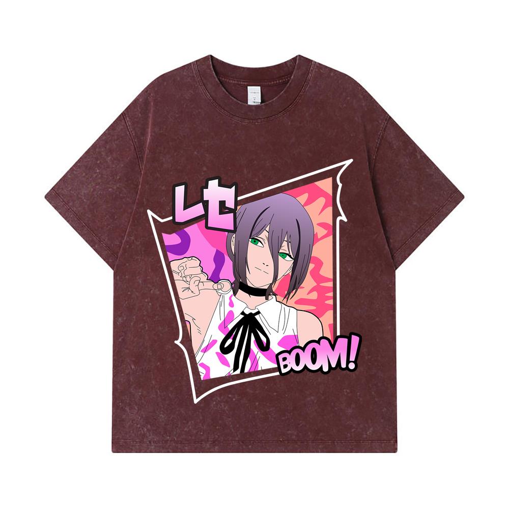 275 GSM Washed T-shirts 100% Cotton Chainsaw Man V53 Reze Print Unisex Heavy Cotton T Shirt