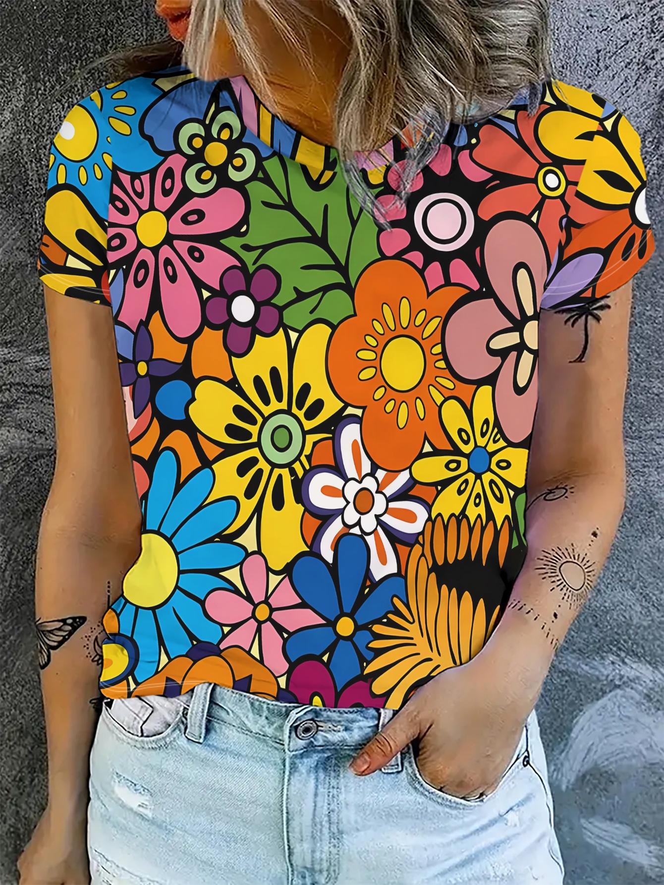 

Women S New Summer Regular Fit Short Sleeve T-Shirt. Vintage Pop Art Colorful Floral Print Top. Versatile S дубильна кора