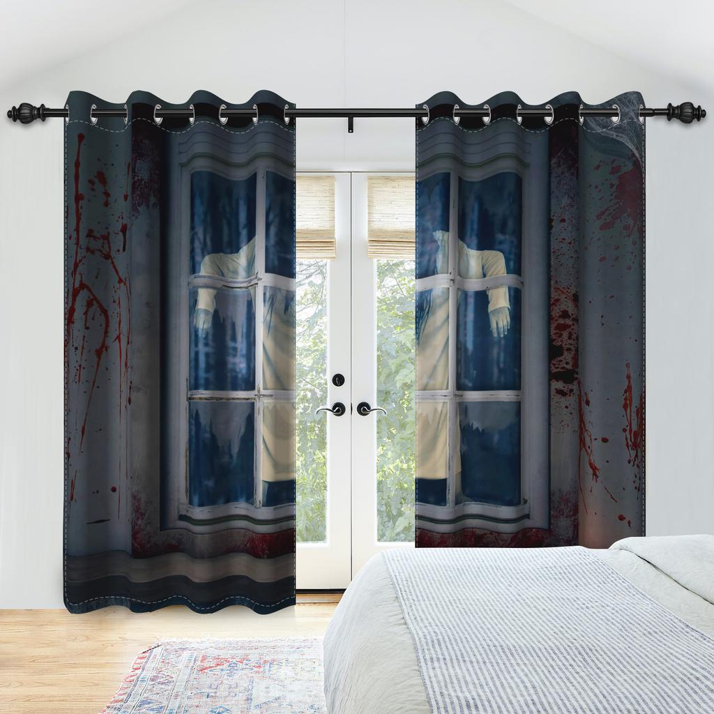 2pcs/set Horror Halloween Window Curtain Night Gate Skeleton Home Bedroom Living Room Decor Blackout Polyester Fabric Curtains