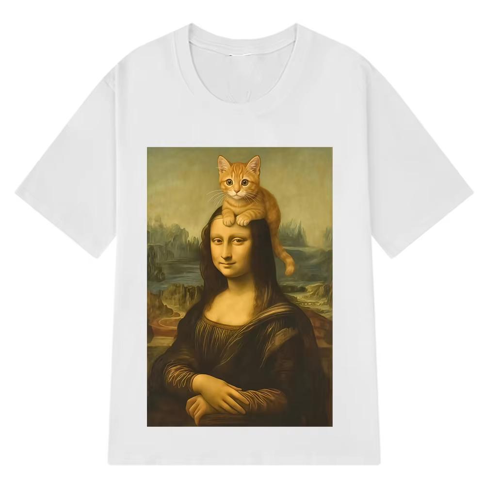 Katze Ahd Mona Lisa mit Katze Lustiges Meme T-Shirt Männer Frauen Kurzärmelig Baumwolle Harajuku Lässig Übergroße T-Shirts Streetwear Tees