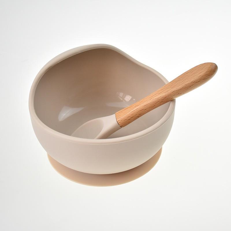 Silicone Bib & Tableware Set: Snail Bowl, Wooden Handle Spoon & Fork - Child Safe 3-Piece Feeding Kit