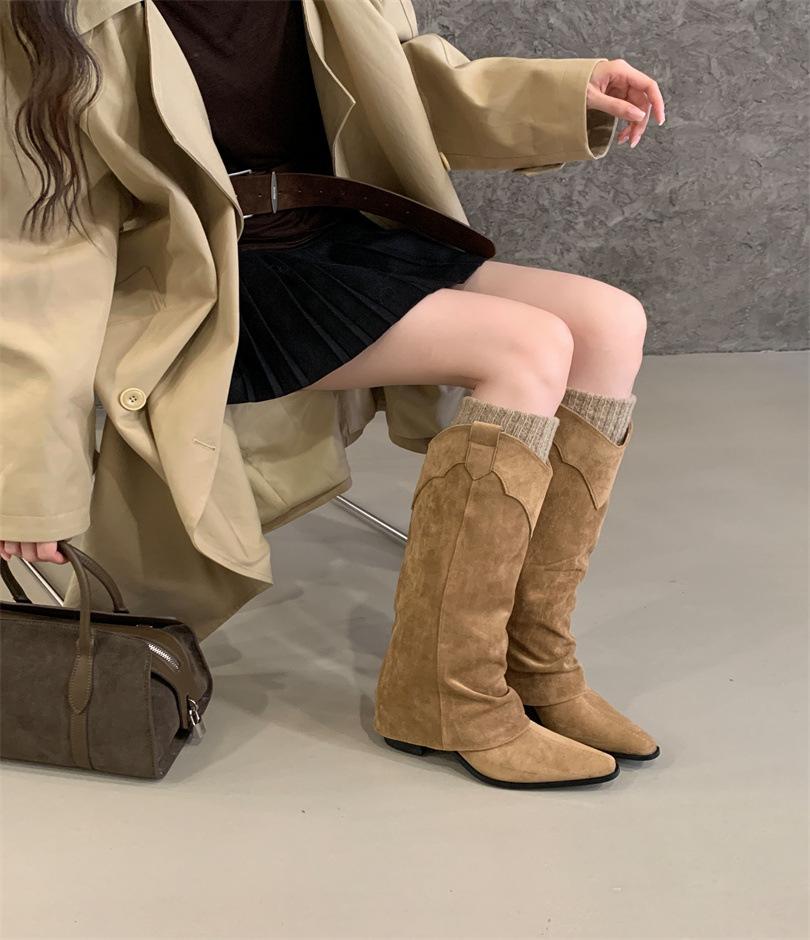 

inner suede pleated piled boots women s 2025 autumn and winter new pointed western cowboy boots but knee boots women 39 хакі
