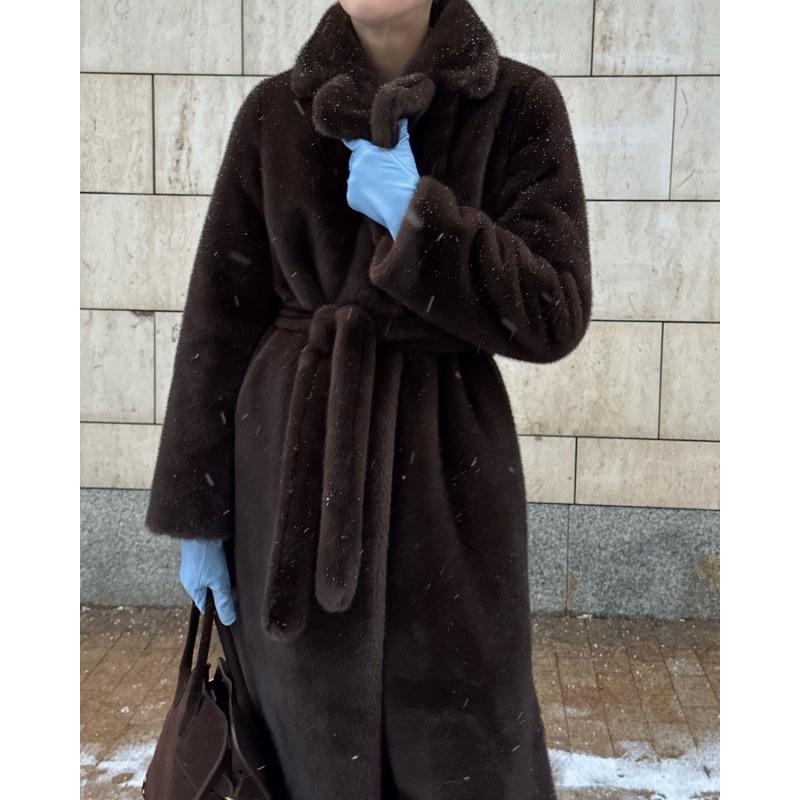 Damen S Faux Fur Langer Mantel Mit Gürtel Dicke Warme Oberbekleidung