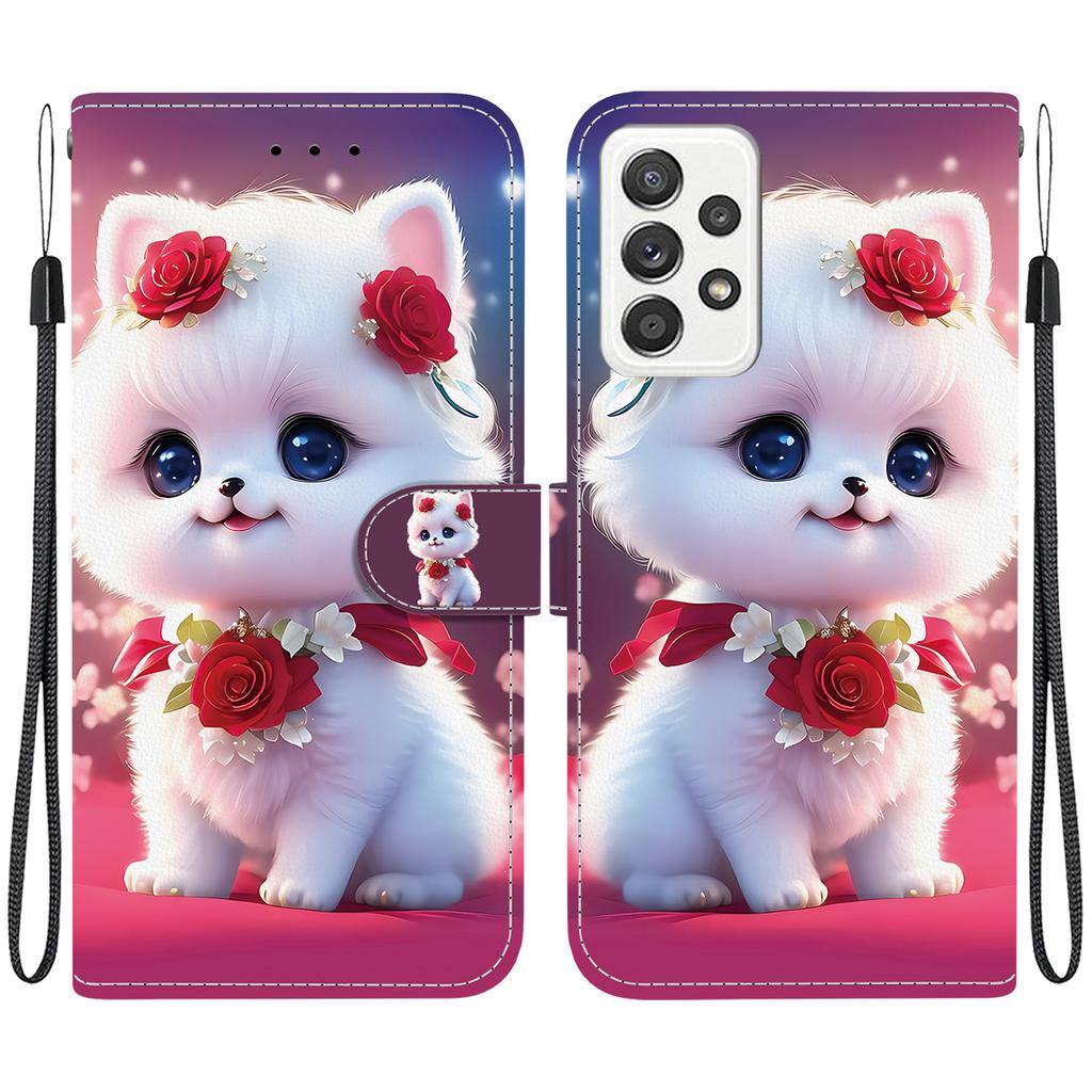Handmade PU Leather Flip Case for Samsung Galaxy A52 4G/A52 5G (SM-A525F/A526B)- Anti-Slip Shockproof Cover with Wrist Strap & Heart/Rose Cat Designs