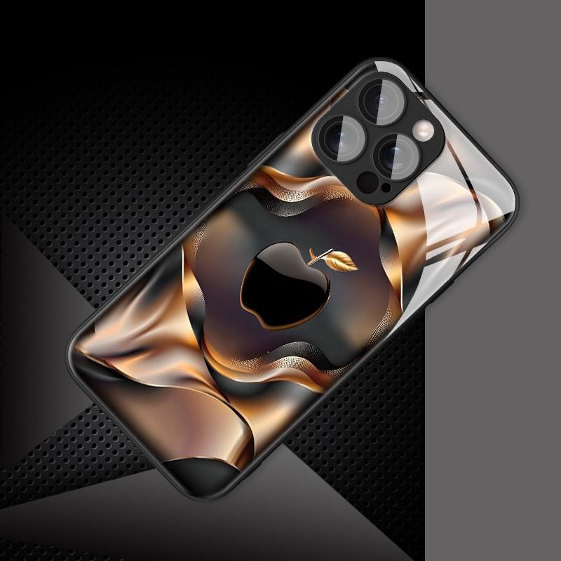 Black Golden For Apple Pattern Glass Material Phone Case For iPhone 17 16 15 14 Pro Max 13 12 11 16E 17Air 7 Plus XR XS X Cover