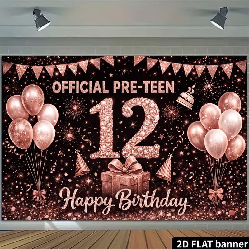 2D Rose Gold 12th Happy Birthday Backdrop Banner Official Pre-Teen Photography Background