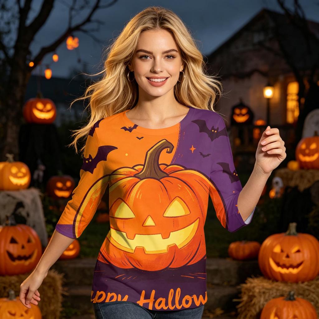 Women's Casual 3/4 Sleeve Halloween Print Round Neck Top Lightweight Loose Fit Pullover Shirt for Everyday Wear