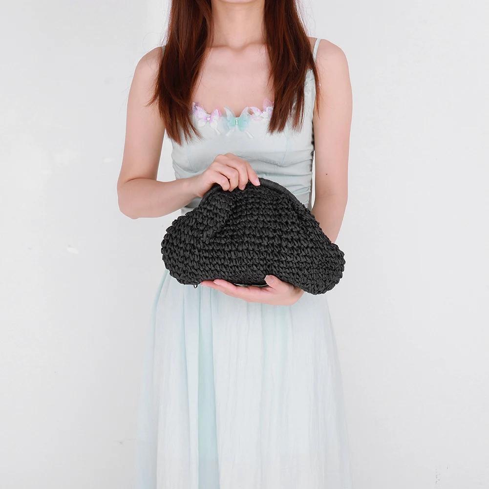 

Women Straw Woven Bag Chain Strap Fashion Shoulder Bag Large Capacity Straw Clutch Purse Solid Color for Party Vacation чёрный