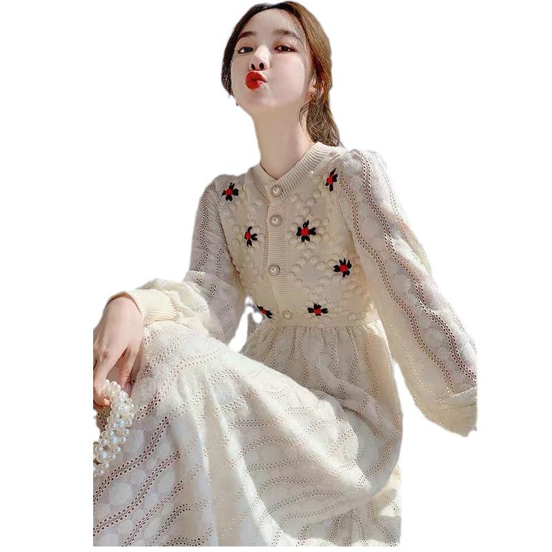 Gonna in maglia sottile ricamata a maniche lunghe con vento delicato da donna, lunghezza al ginocchio, temperamento invecchiato, taglie forti