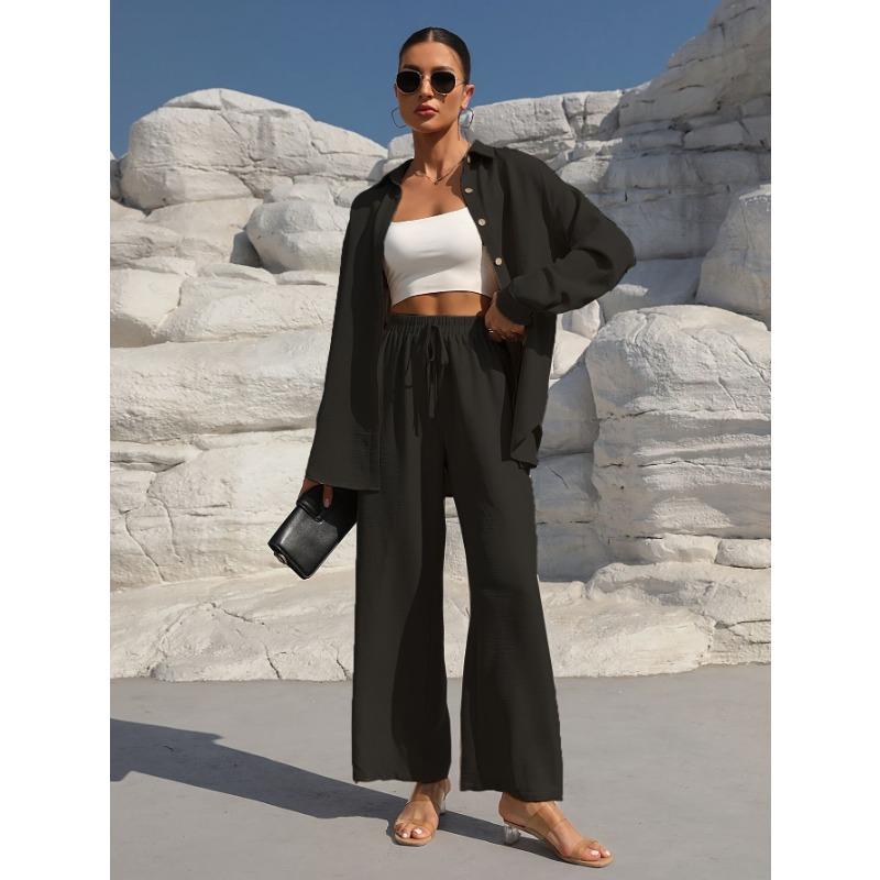 Women's Fashion Solid Color Collar Button Long Sleeve Top Elastic Waist Straight Pants Casual Set