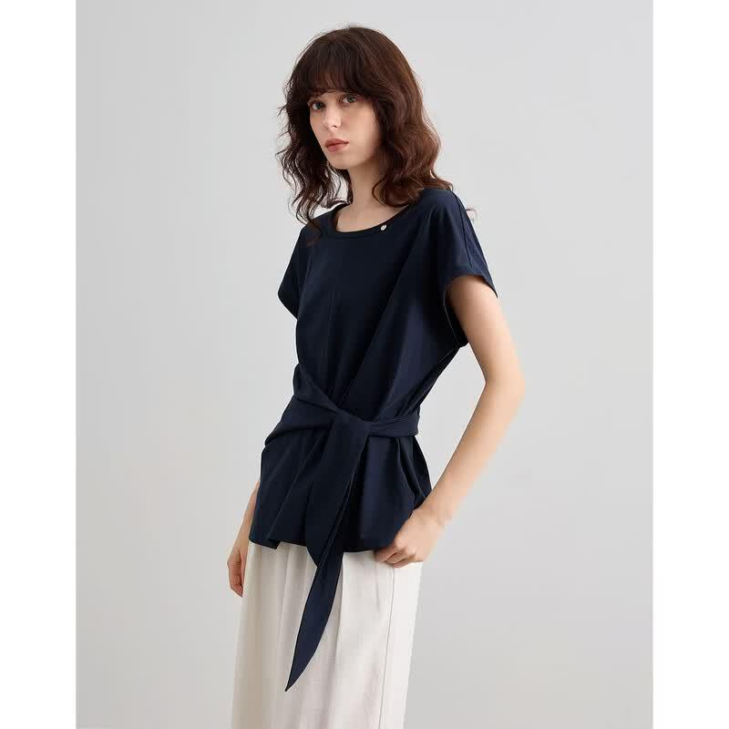 Demana Sorona Cool-Feel Ruched Tie Round Neck T-Shirt S