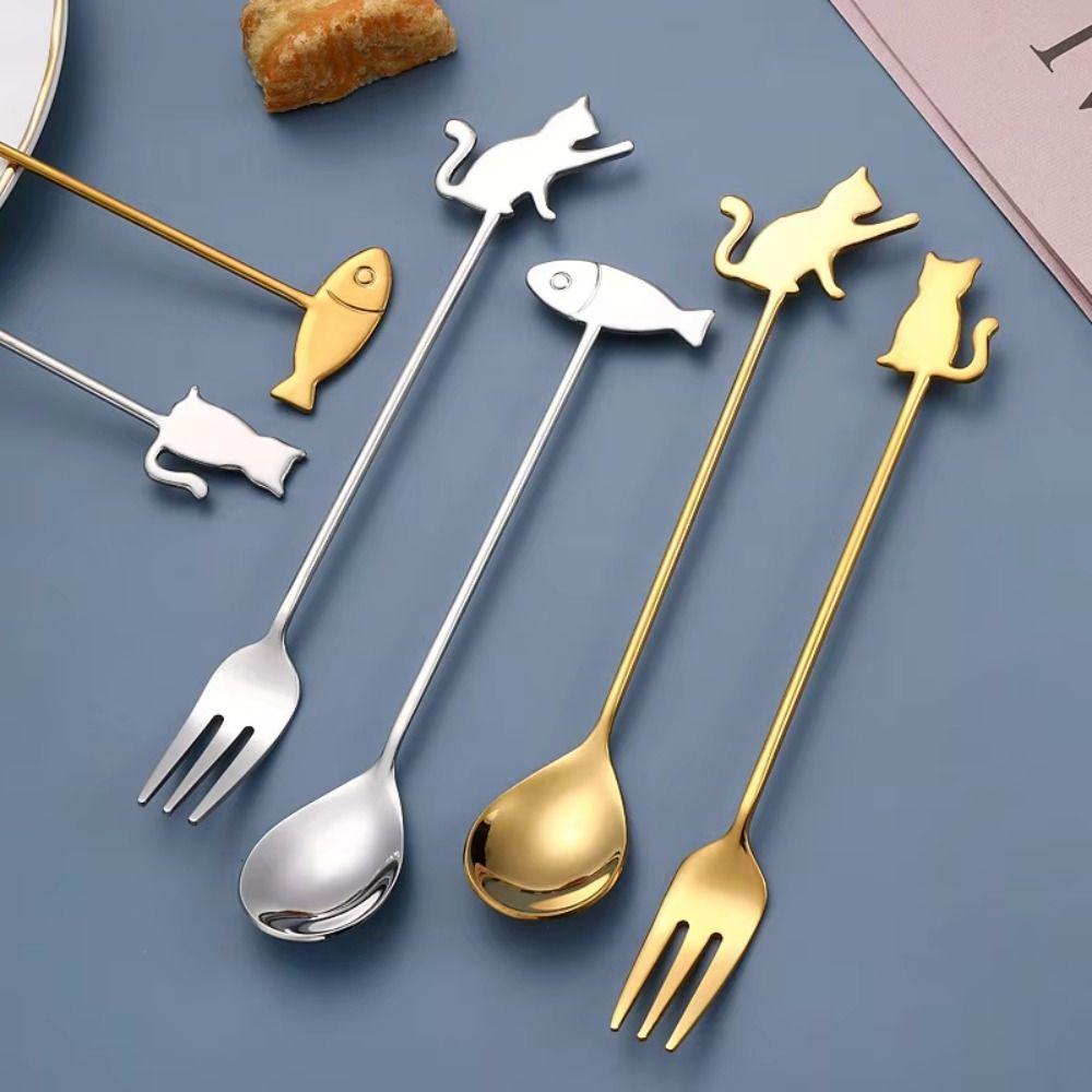 Cartoon Hanging Cup Teaspoons Stainless Steel Cake Fork INS Style Milk Spoon  Dessert Serving