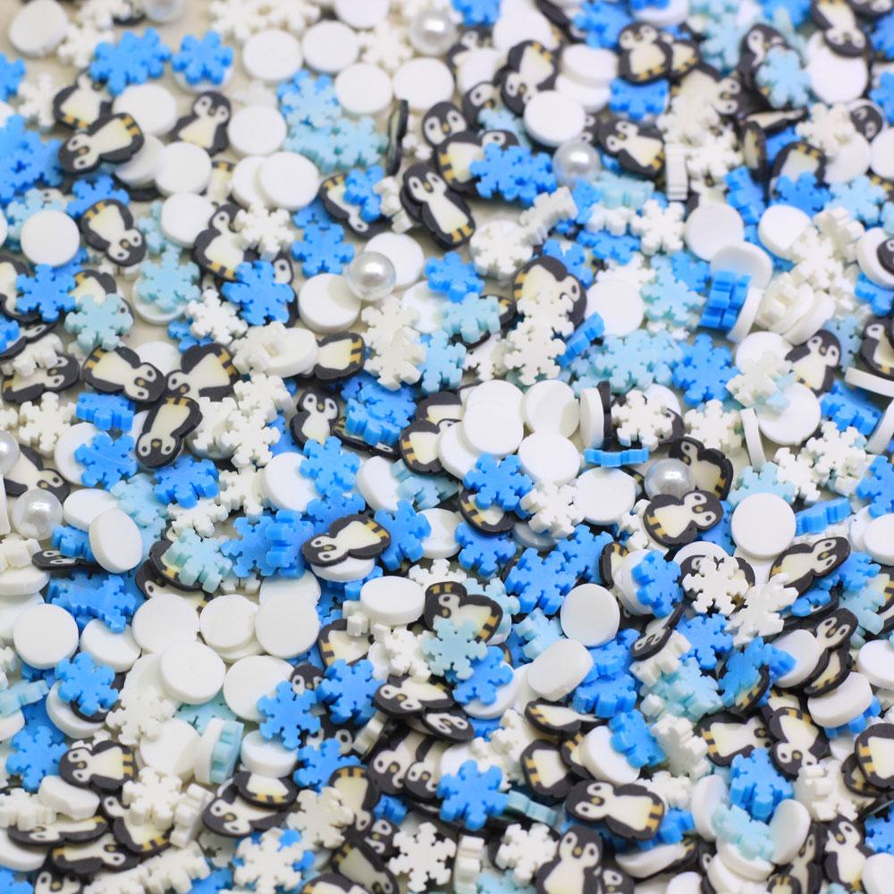 White and Blue Winter Sprinkles Polymer Clay Slice Mix Penguin Snowflake Pearls 5mm-500g/bag