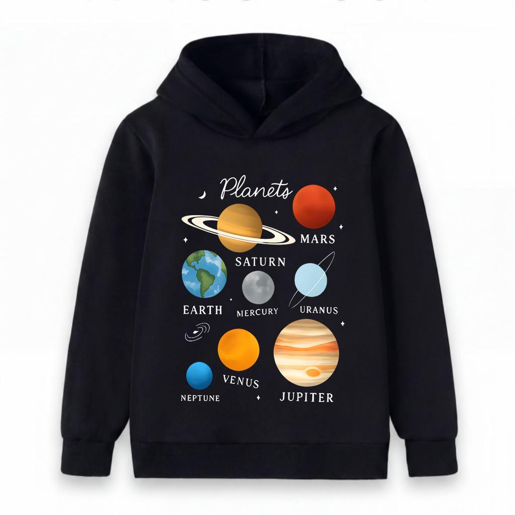 Kids Boys Girls Pullover Hoodie, Cute Solar System Planets Graphic Casual Long Sleeve Hooded Sweatshirt for Astronomy Space Lover Children Daily Wear