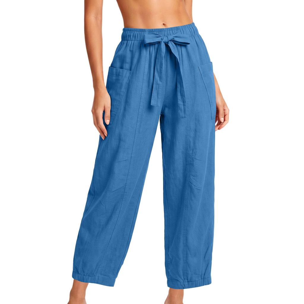 Women's Casual Elastic Waist Drawstring Pants with Pockets Lightweight Loose Fit Lounge Trousers for Everyday Wear