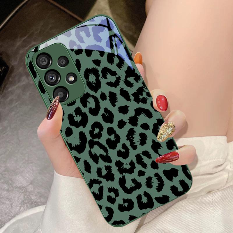 Tempered Glass Phone Case For Samsung Galaxy S10 4G S20 11E 30 S21 21Fe 22 Pro S23 Ultra 5G S8 S9 Black Leopard Print Green