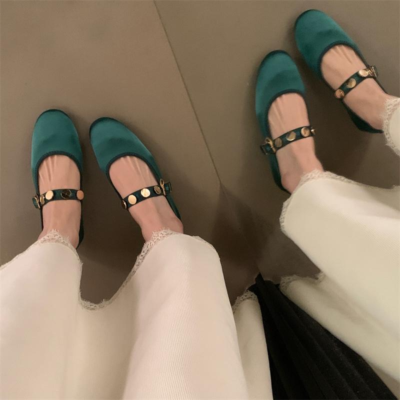 IPPEUM Ballet Flats Women Purple Satin Round Toe Mary Jane Shoes Buckle Silver Ballerina Flats