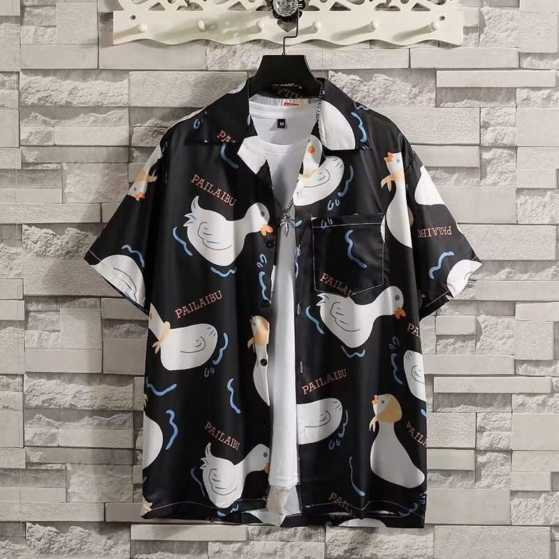 

Летняя мужская мода Гавайская рубашка в японском стиле с утиным дизайном Повседневная пляжная рубашка с цветочным принтом Топы с коротким рукавом и воротником Винтажная праздничная одежда черного цвета