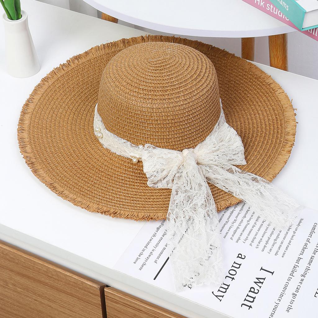 Women's Summer French Style Lace Bowknot Straw Hat Wide Brim Sun Protection Hat Beach Vacation Sun Hat Fashionable Headwear for Seaside Trips