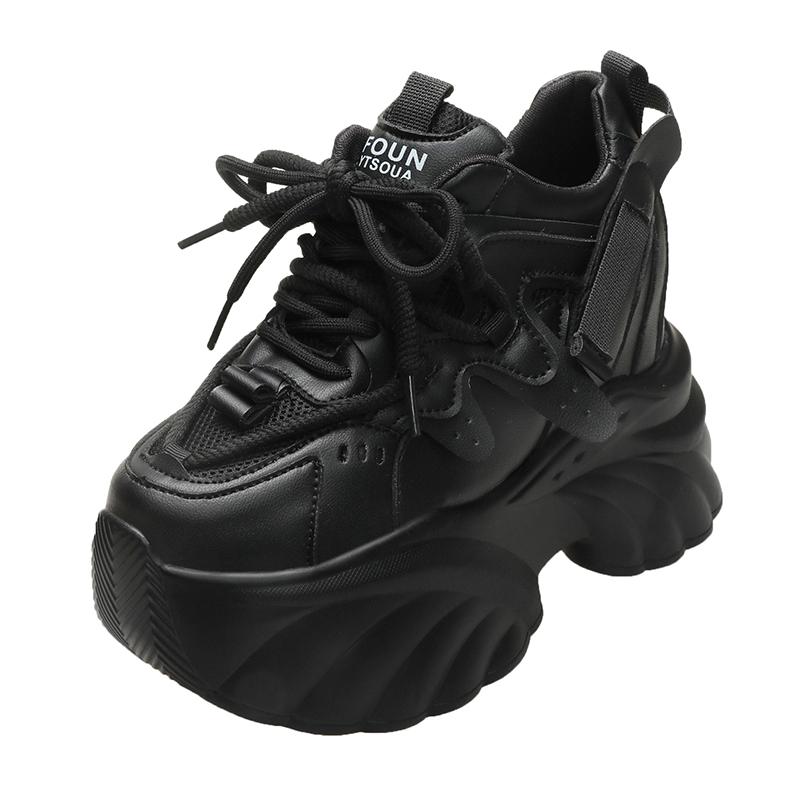 

Fashion 10CM Women High Platform Sneakers Autumn Winter Lace-up Chunky Shoes Heels Thick Sole Casual Shoes Woman Sport Leather Sneakers 34 чёрный