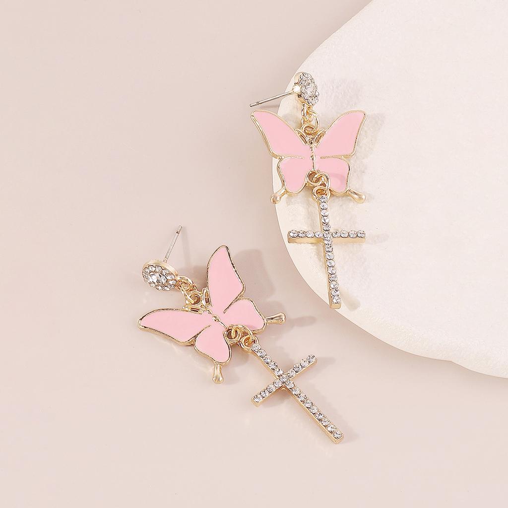 Sparkling Butterfly Drop Earrings with Tassels and Rhinestones