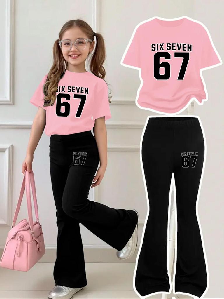 Dolce e Fresco Rosa e Nero, Set Pantaloni a Zampa Corti con 67 Lettere e Numeri