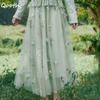 Qooth Sweet Women Floral A Line Tulle Skirt Rustic Style Wide Hem Mid Length Elastic Waist Casual Skirt QT2656
