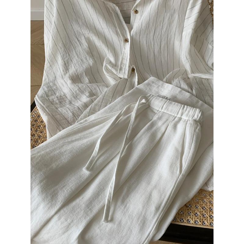 White Cotton and Linen Wide-leg Pants Women's Summer Thin Elastic Waist Versatile Casual Loose Straight Trousers Baggy Pants