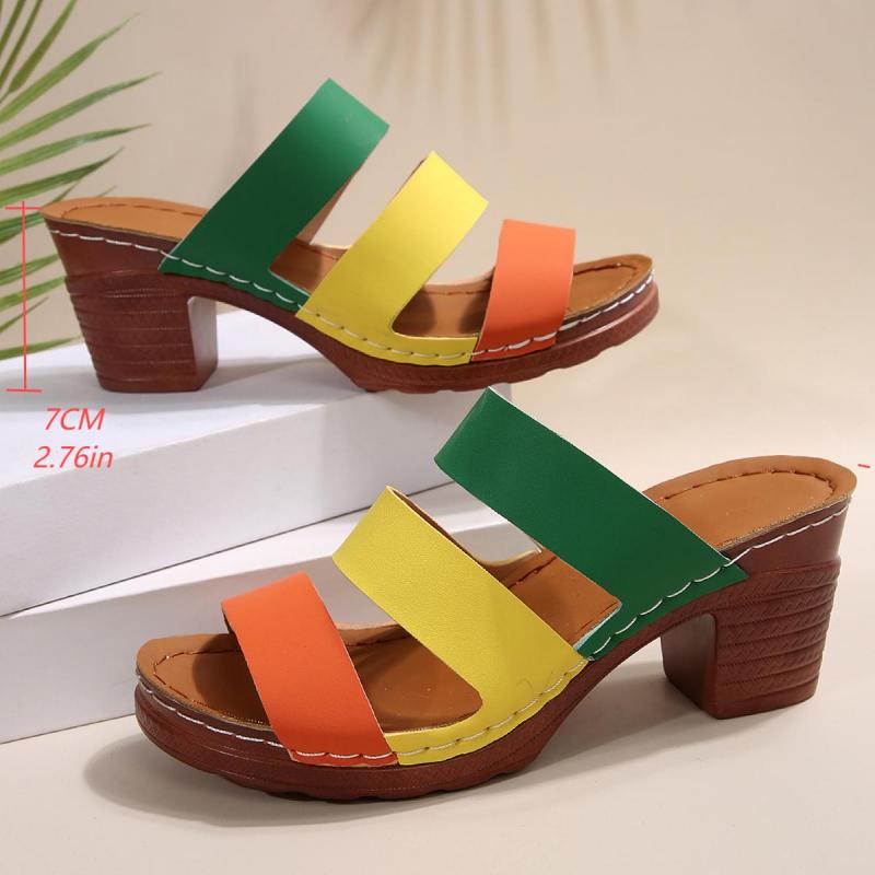 Fashion Fashion Mix Colours Bohemian Open Toe Shoes Women Leisure Round Toe Slippers Women 2025 Summer Square High Heels Shoes Women