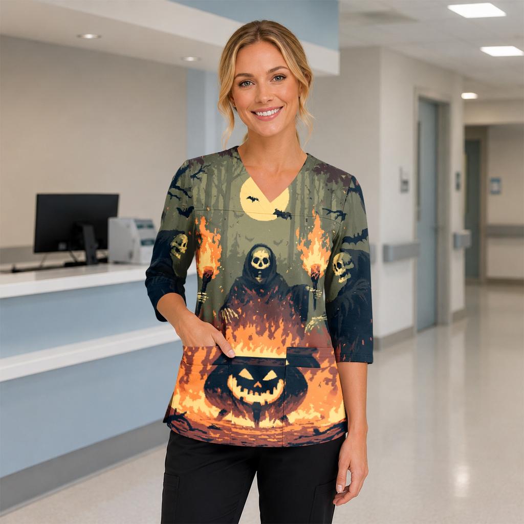 Women's V-Neck Costume with Pockets Halloween Print Side Slit 3/4 Sleeve Top for Cosplay Party