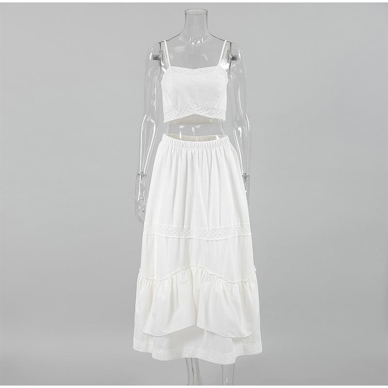 Summer Lace White Cotton and Linen Women's Suit Holiday Beach Suspender Square Neck Short Top + Mid Skirt Two-piece Set