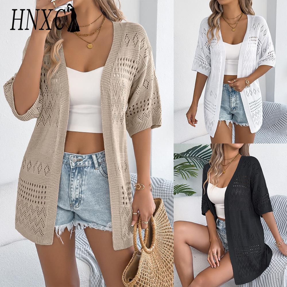 HNXC Spring and Summer Casual Solid Color Cut-out Mid-sleeved Knitted Sweater Vacation Cardigan Women's Wear