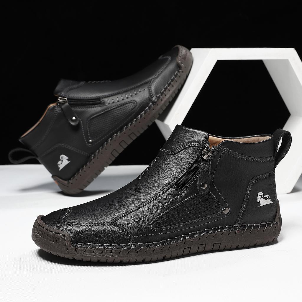 New Classic Handmade Leather Men's Shoes with Zipper Design Outdoor Sneakers Casual Flat Shoes Men Work Shoes Ankle Boots